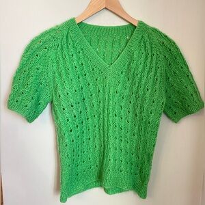 Green Open Knit Eyelet Short Sleeve V Neck Sweater Hand Knit S/M
